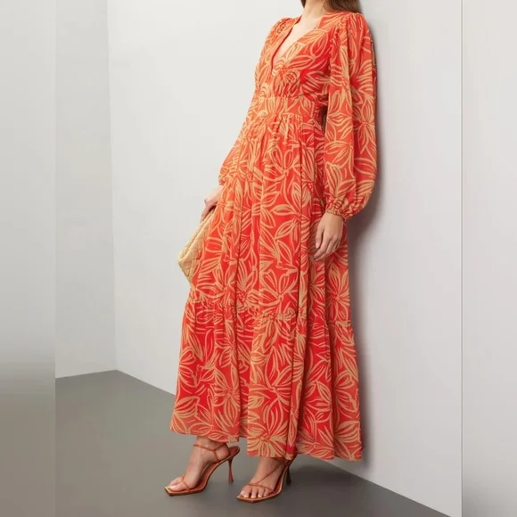 TOCCIN x RTR Women's Long-Sleeve V-Neck Printed Maxi Dress, Orange Tan Floral, 8 - Picture 8 of 17